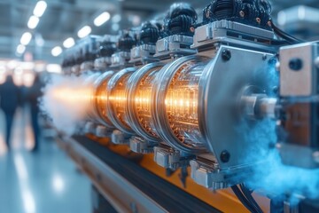 A sophisticated machine showcases bright, glowing components while emitting mist in a bustling industrial environment filled with workers.