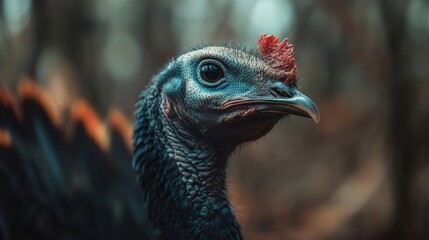 A close-up of a turkey's head, capturing intricate details of its feathers and beak, set against a blurred natural background