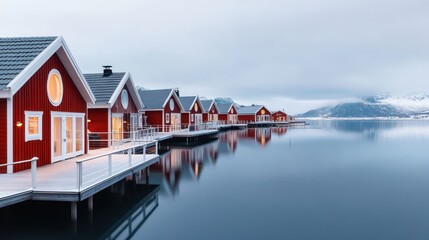 Fototapeta premium Row of red wooden houses on the water with large porthole windows under a gray sky in a Scandinavian landscape