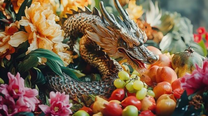 A close-up of an elaborate dragon sculpture surrounded by fresh flowers and fruit offerings