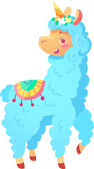 This cheerful blue llama prances playfully adorned with a sparkling unicorn horn and festive decorations on its back bringing joy to the sunny surroundings.