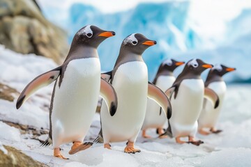 Fototapeta premium A group of penguins are walking on a snowy surface. The penguins are all facing the same direction, and they are all standing on their hind legs. The scene is peaceful and serene
