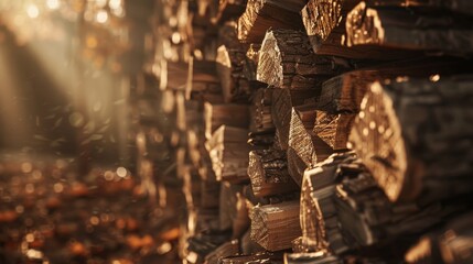 Beautifully arranged firewood logs highlighting natural patterns and textures in warm sunlight