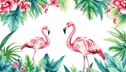 Fototapeta premium Tropical birds: pink flamingo on isolated white background, watercolor illustration AI Generate