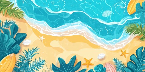 Obraz premium A beach scene with palm trees and a blue ocean. Scene is calm and relaxing