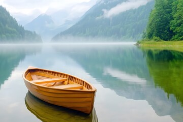 A wooden boat floats on the lake, surrounded by misty mountains, with moody lighting
