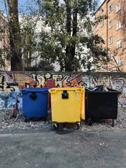 European disadvantaged area of ​​the city with old, unkempt buildings, peeling facades and garbage