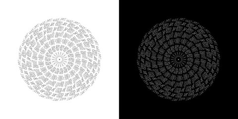 Abstract background with abstract line pattern in circles. Spiral art design as a logo or icon. A black figure on a white background and the same white figure on a black side. Mandala design with line