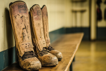 Worn cricket pads with scuffs and marks from previous games