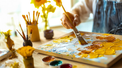 Person painting vibrant artwork with brush on canvas, surrounded by art supplies, sunflowers, on wooden table, showcasing creativity and passion.