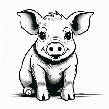 recommend clip art: Simple black and white illustration of a kind smiling piglet. Can be used as a children coloring page.
