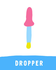 Learn science objects flashcard. Learning words for kids. Cute hand drawn doodle educational card with liquid dropper. Preschool science learning material