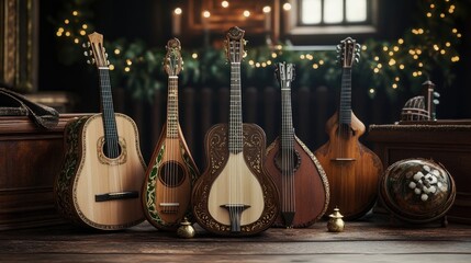 A collection of traditional Irish instruments, elegantly arranged on a wooden stage, ready for a lively celebration