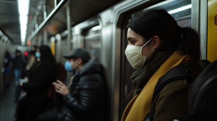 A masked commuter riding the subway, surrounded by other passengers, all wearing face coverings, creating a sense of solidarity and public health responsibility