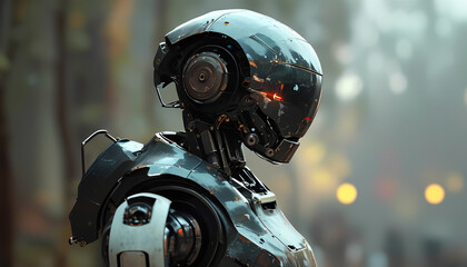 Fototapeta premium A sleek, black robot with glowing red eyes stands amidst a blurry urban backdrop