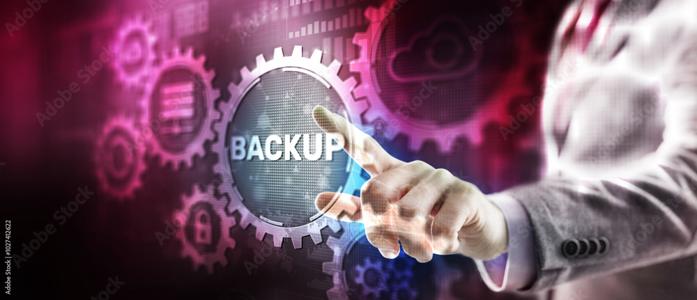 Aufkleber backup storage data technology business concept. software hardware infrastructure