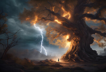 A large tree struck by lightning and cracked open, the silhouette of an old man in monk's robes appeared in the crack. The lightning made his shadow visible for a split second.