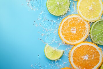 Refreshing citrus slices of orange, lemon, and lime on a vibrant blue background with sparkling water droplets. Vibrant and refreshing.