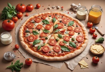 pizza with tomatoes and olives in digital art