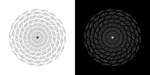 Abstract background with abstract line pattern in circles. Spiral art design as a logo or icon. A black figure on a white background and the same white figure on a black side. Mandala design with line
