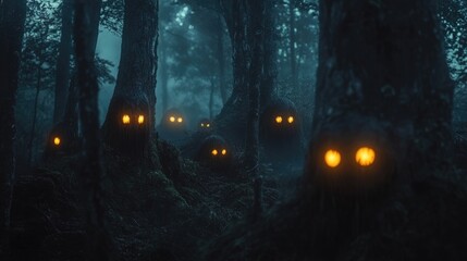 A dark forest scene with eerie mist and glowing eyes peering through the trees