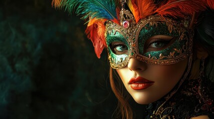 An artistic shot of a woman wearing a decorative Venetian mask, with rich colors and feathers, standing against a dark, dramatic background, symbolizing mystery and elegance