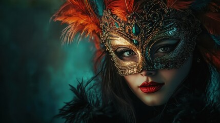 An artistic shot of a woman wearing a decorative Venetian mask, with rich colors and feathers, standing against a dark, dramatic background, symbolizing mystery and elegance