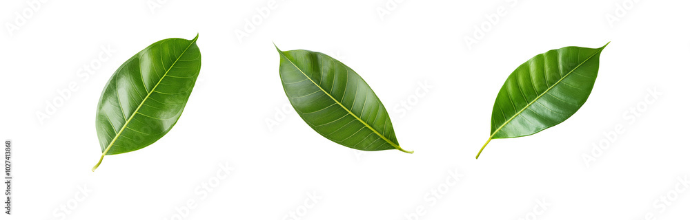 Poster three green leaves, isolated and oriented in a row on a white background.