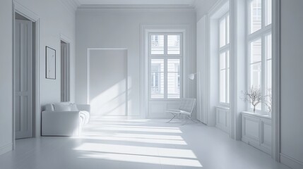 Fototapeta premium Modern Scandinavian Minimalist Living Room Interior in a White Empty Room Showcasing Elegant Scandinavian Interior Design for a Cozy and Inviting Nordic Home.