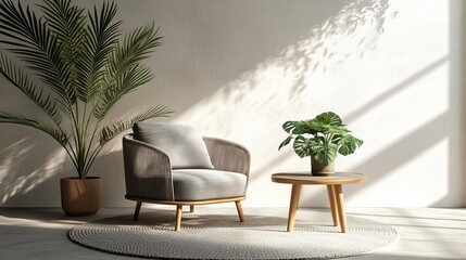 : Modern Interior Design Featuring a Light Empty Mock-Up Wall and Gray Furniture in a Loft Vintage Living Room with an Armchair, Table with a Green Plant in a Pot, and a Round Carpet on the Floor.



