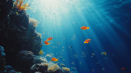 Fototapeta premium Underwater camera aimed at waterfall falling into lake