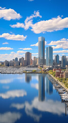 A Panoramic View of Jersey City Skyline with Landmarks and Hudson River Reflections