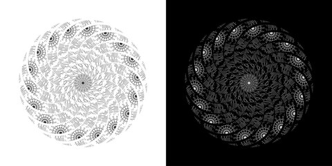 Abstract background with abstract line pattern in circles. Spiral art design as a logo or icon. A black figure on a white background and the same white figure on a black side. Mandala design with line