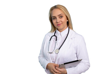 Young female medical professional ready for consultation with a tablet