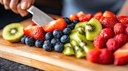 Fresh Fruits Being Cut on a Wooden Board