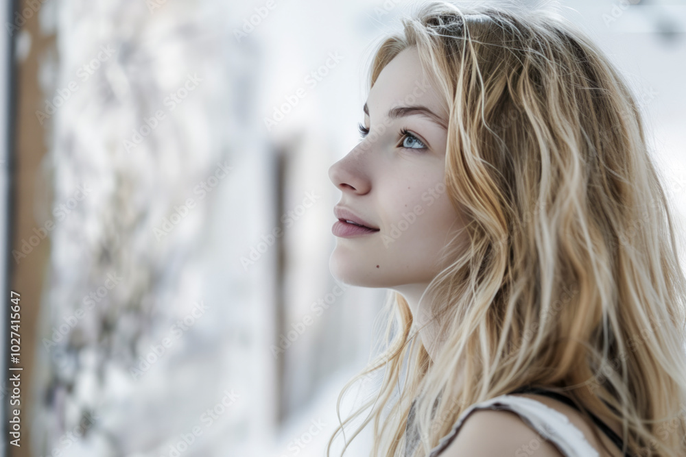 Wall mural young woman gazing thoughtfully at artwork in a bright, modern gallery