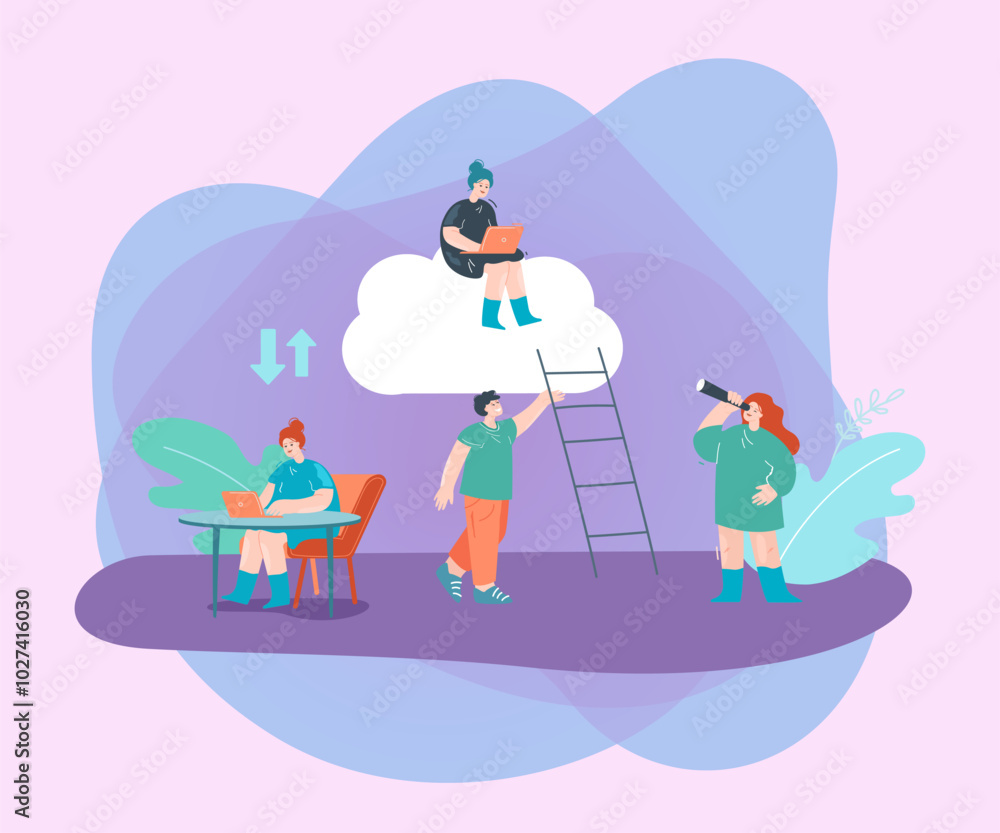 Poster office woman at table sending files to colleague on cloud. tiny workers using service or application