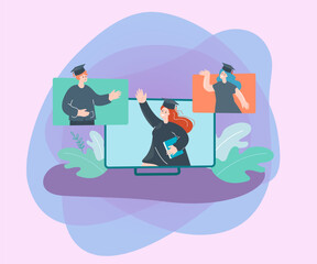 Happy female student in graduation hat on computer screen. People in computer window frames, online graduation ceremony flat vector illustration. Online education, graduation concept for banner