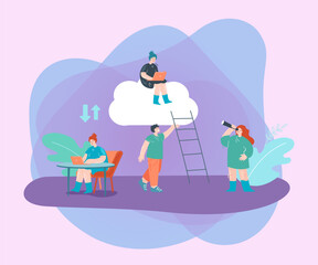 Office woman at table sending files to colleague on cloud. Tiny workers using service or application for sharing data flat vector illustration. Online communication, network concept for banner