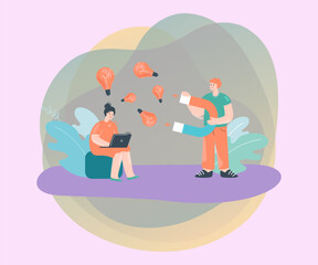 Office worker stealing ideas from colleague with magnet. Woman with laptop, man attracting lightbulbs with magnet flat vector illustration. Creativity, plagiarism concept for banner or landing page