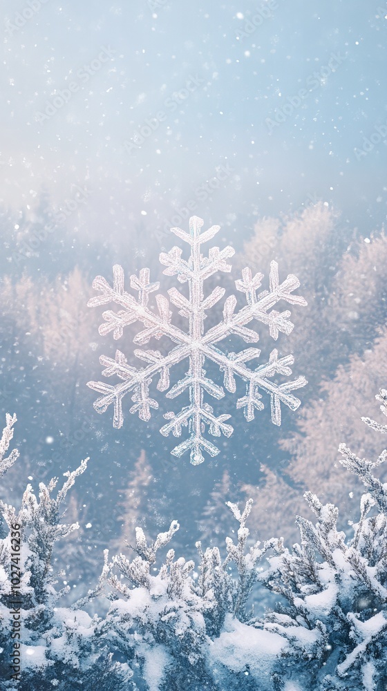 Poster a large snowflake floats over a snowy forest, creating a winter wonderland.