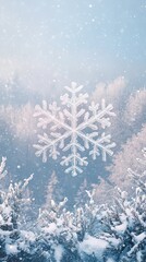 A large snowflake floats over a snowy forest, creating a winter wonderland.