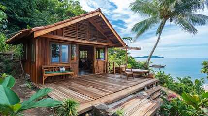 Charming Wooden Cottage Offering a Perfect Tropical Seaview, Nestled Amidst Nature for a Serene and Relaxing Coastal Getaway.