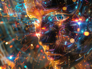 Abstract design with a human face with technological lines symbolising artificial intelligence and technology