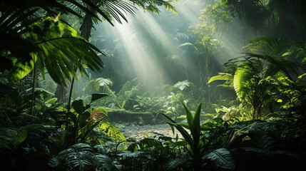 Tropical forest, trees in sunlight. tree, plant.