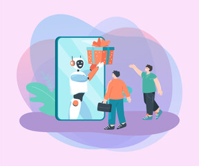 Robot with gift box on phone screen flat vector illustration. Happy people receiving gift box, parcel from cyborg. Technology, delivery, surprise concept for banner, website design or landing web page