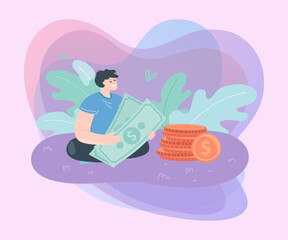 Rich man holding banknotes flat vector illustration. Happy male cartoon character sitting near pile of gold coins. Wealth, banking, investment concept for banner, website design or landing web page