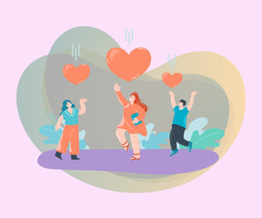 People catching hearts falling from sky flat vector illustration. Happy male and female characters receiving support and love. Togetherness, care concept for banner, website design or landing web page