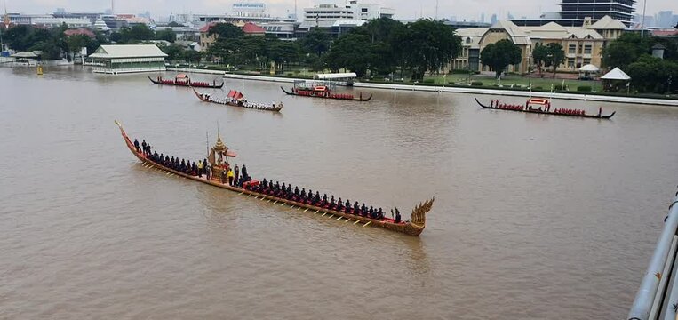 Ancient boat procession in Bangkok, Thailand, during the Kathin ceremony at Wat Arun, photographed on October 10, 2024.