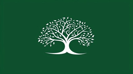 A white tree silhouette on a green background.